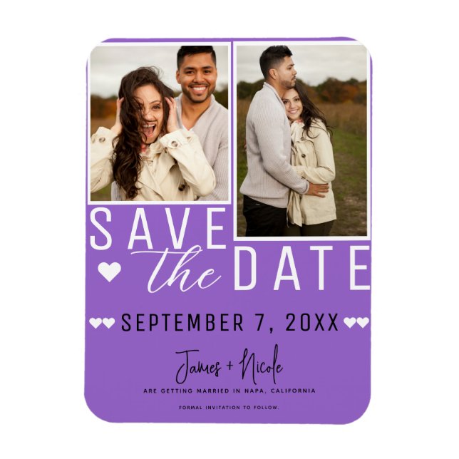 Íman Casamento Foto 2 Save the Date Roxo Moderno (Vertical)