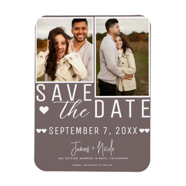 Íman Casamento Foto Save the Date 2 Cinza Cogumelo Mode (Vertical)