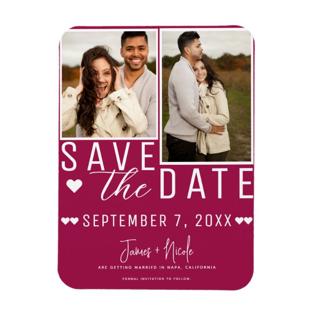 Íman Casamento Foto Save the Date 2 Raspberry Moderno (Vertical)