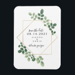 Íman Casamento Geométrico Botânico Salvar A Data<br><div class="desc">Um elegante casamento rústico salve o ímã de datas com uma design botânica verde inspirada em aquarela em volta de uma estrutura geométrica com texto preto. Procure por convites de casamento e outros itens de coordenação na Paperie de Jill.</div>