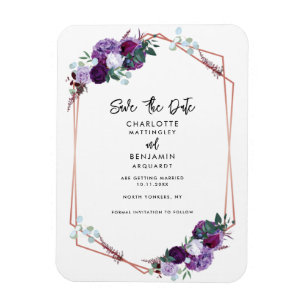 Íman Casamento Geométrico Floral Roxo Salvar a Data