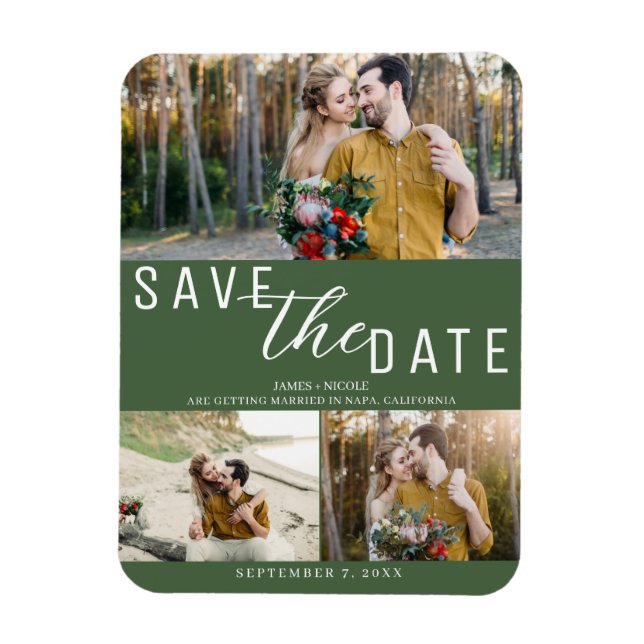 Íman Casamento Green Save the Date 3 Fotos (Vertical)