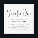 Íman Casamento minimalista moderno Salve a data<br><div class="desc">Uma simples imã salve a data moderna. Personalize este design preto e branco minimalista para ter seus detalhes pessoais e sua mensagem. Apresenta tipografia de caligrafia de script e fundo de imagem de faux glitter.</div>