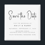 Íman Casamento minimalista moderno Salve a data<br><div class="desc">Uma simples imã salve a data moderna. Personalize este design preto e branco minimalista para ter seus detalhes pessoais e sua mensagem. Apresenta tipografia de caligrafia de script e fundo de imagem de faux glitter.</div>