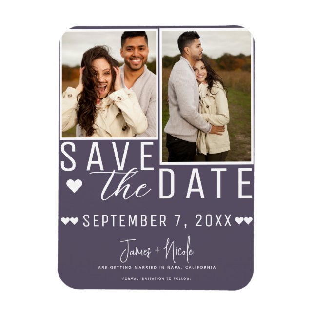 Íman Casamento Moderno com Foto Save the Date 2 Roxo Em (Vertical)