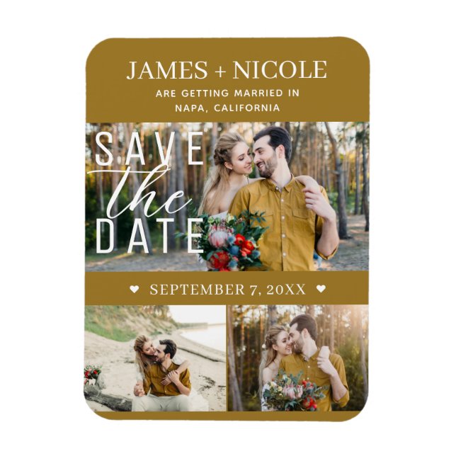 Íman Casamento Moderno Rústico Dourado Save the Date 3  (Vertical)