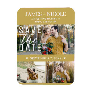 Íman Casamento Moderno Save the Date com 3 Fotos Dourad