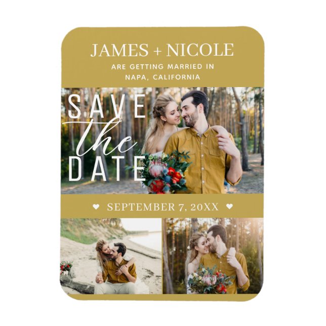 Íman Casamento Moderno Save the Date com 3 Fotos Dourad (Vertical)