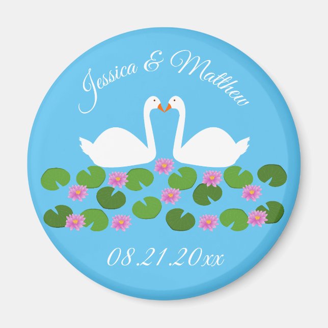 Íman Casamento Personalizado de Cisnes Brancas e Lírios (Frente)
