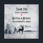 Íman Casamento por Aquarela de Cinzas Russas de Reindee<br><div class="desc">Um ímã com uma imagem aquosa que apresenta uma rena preta de silhueta entre alguns pinheiros. Esquema de cor neutra a preto e branco.</div>