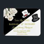 Íman Casamento Preto e Branco do MAGNET Salvar a Data<br><div class="desc">Orçamento floral romeno e exclusivo preto e branco Salve a Data. Dourada inscrição para arrancá-la e um chapéu preto para o cavalheiro e um chapéu branco para a futura noiva. Cuidadosamente rotulados como "Sra. e Sr." para mudar à medida que o evento se desenhar mais perto, é claro. Para quaisquer...</div>