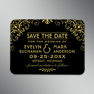 Íman Casamento Preto Vintage Ouro Art Deco Salvar a Dat