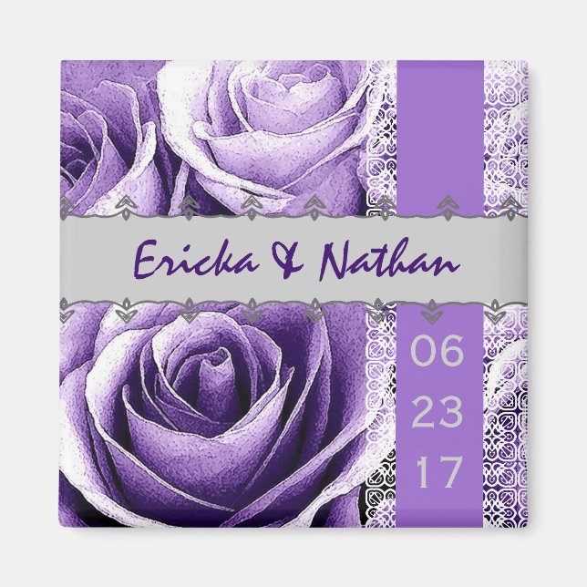 Íman Casamento Roxo e Prateado Rose Bouquet com rendas (Frente)