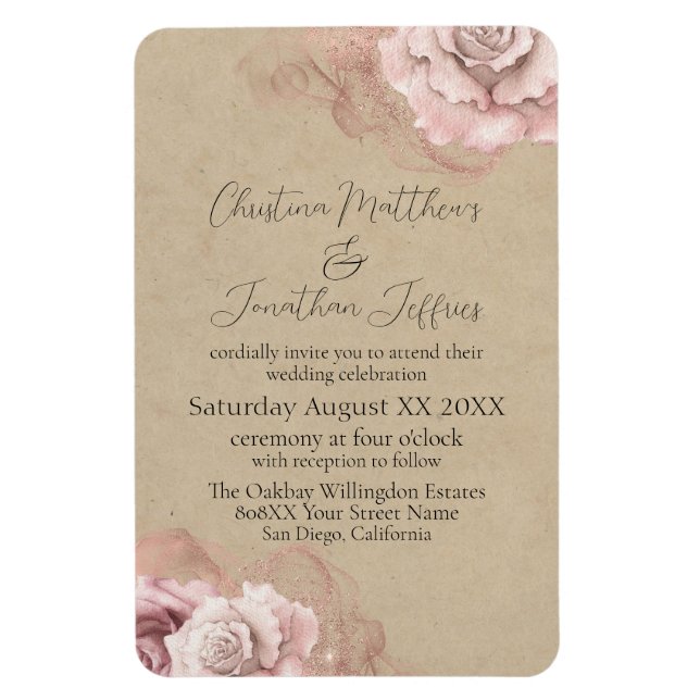 Íman Casamento Rustic Glam Rosas de Aquarela Romântica (Vertical)