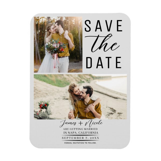 Íman Casamento Save the Date Moderno Cinza Claro 2 Foto (Vertical)