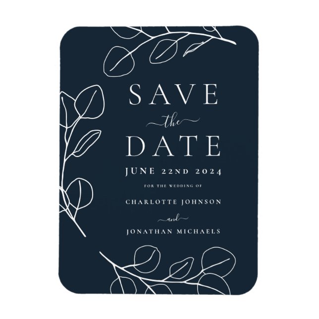 Íman Casamento Simples Moderno com Folhagens Azul Marin (Vertical)