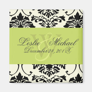 Íman Casamento tema damasco de Monograma Preto + Branco