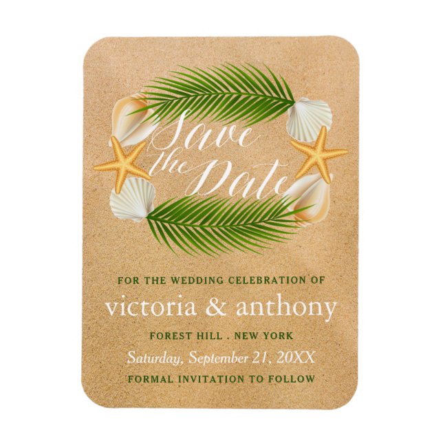 Íman Casamento Tropical Wreath Sandy Beach Salve A Data (Vertical)