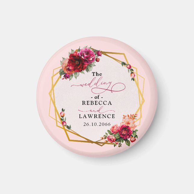 Íman Casamento vermelho-quic, floral e dourado falso (Frente)