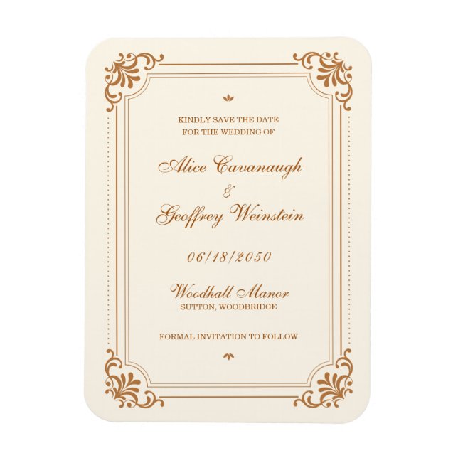 Íman Casamento Vintage Flourish Salve a Data (Vertical)
