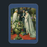 Íman Casamento vintage, noiva e noiva com Menorah<br><div class="desc">Ilustração Vintage,  amor e cerimônia de casamento romântica,  com uma imagem de um casal se casando em uma bela sinagoga com vitrines coloridas,  flores e uma menorah de sete galhos. A noiva está vestindo um longo vestido branco e o noivo é bonito em seu smoking.</div>