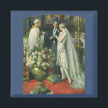 Íman Casamento vintage, noiva e noiva com Menorah<br><div class="desc">Ilustração Vintage,  amor e cerimônia de casamento romântica,  com uma imagem de um casal se casando em uma bela sinagoga com vitrines coloridas,  flores e uma menorah de sete galhos. A noiva está vestindo um longo vestido branco e o noivo é bonito em seu smoking.</div>