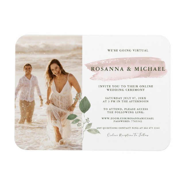 Íman Casamento Virtual Pink Splash Watercolor Greenery (Horizontal)