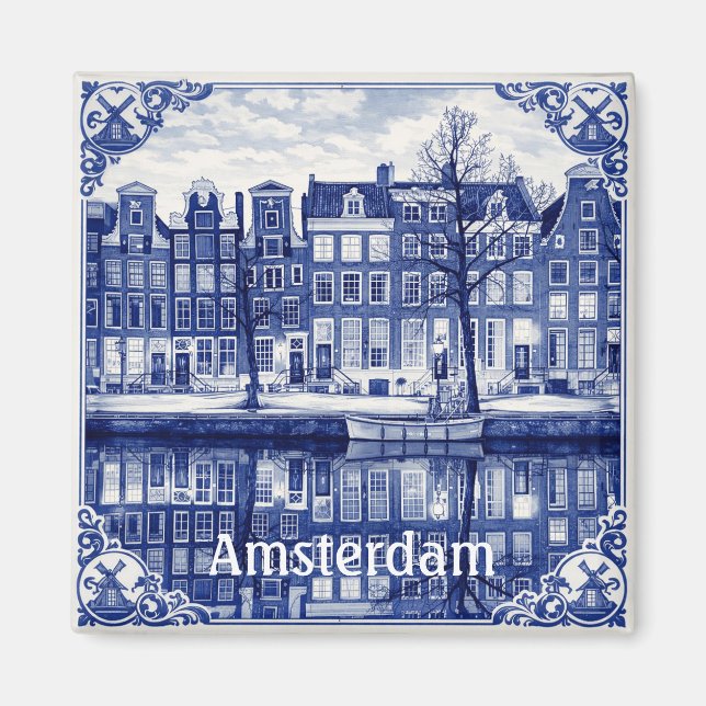 Íman casas do canal de Amsterdã ímã quadrado (Frente)