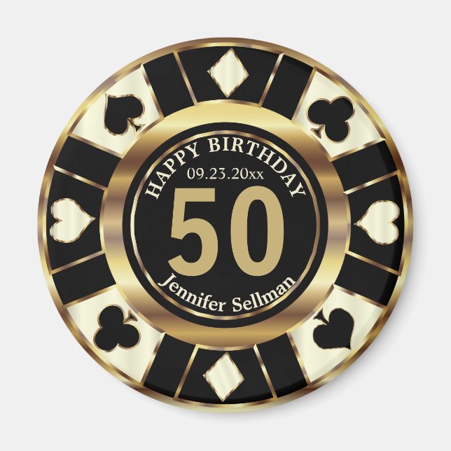 Íman Casino Chip Las Vegas Aniversário - Creme e Dourad (Frente)