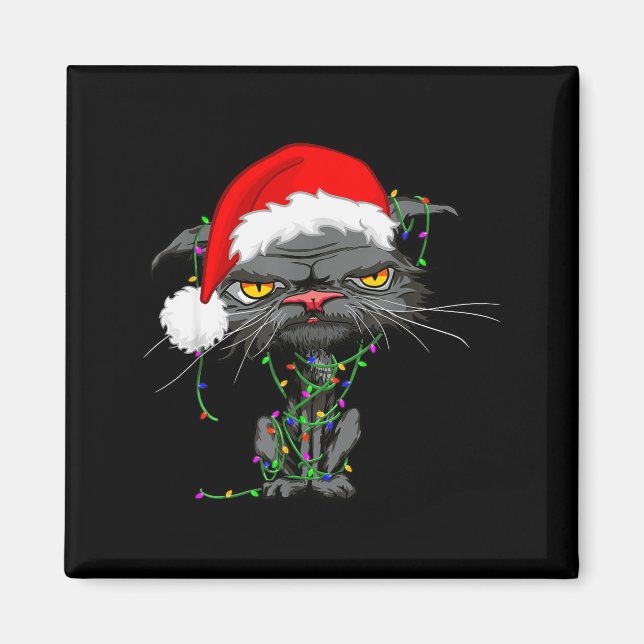 Íman Cat Christmas Lights Bored Cat Santa Hat Funny Cat (Frente)