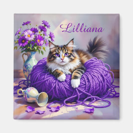 Íman Cat  in Purple Yarn and Flowers Personalized
