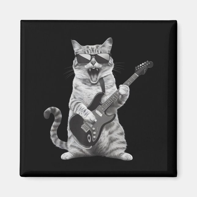 Íman Cat Playing Guitar Rock Star Rock And Roll Men Wom (Frente)