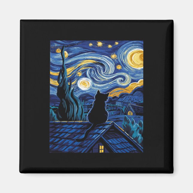 Íman Cat Starry Night Van Gogh Cat Art Lover Engraçado  (Frente)