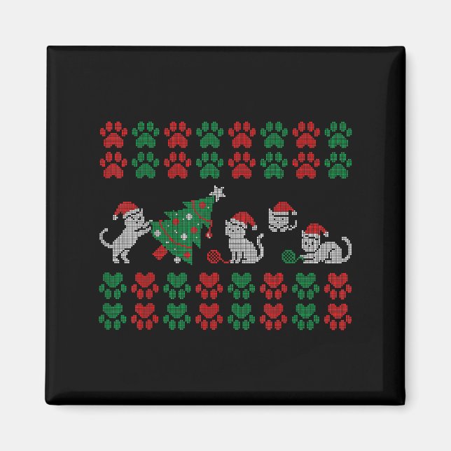Íman Cat Ugly Sweater Pattern Christmas Knitting  (Frente)