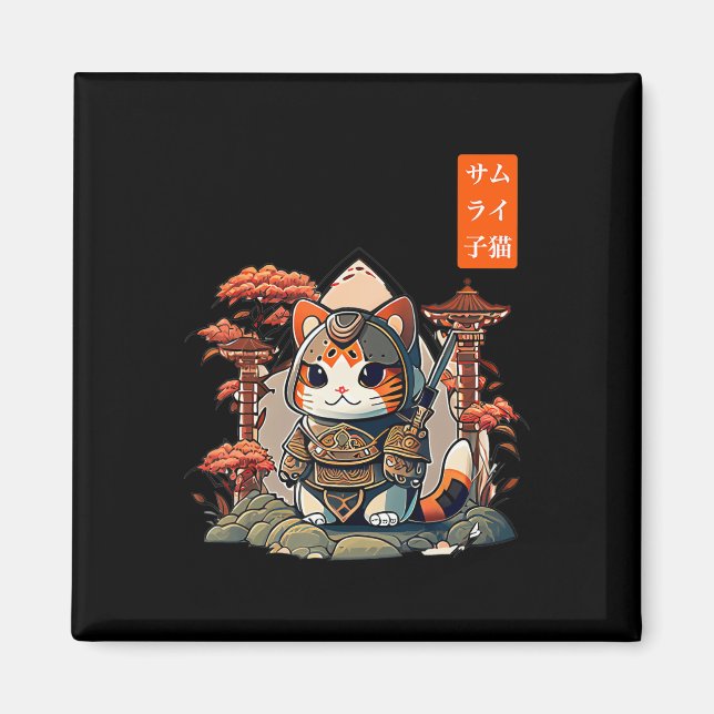 Íman Cat Warrior Japonês Escrevendo Anime Art para kawa (Frente)
