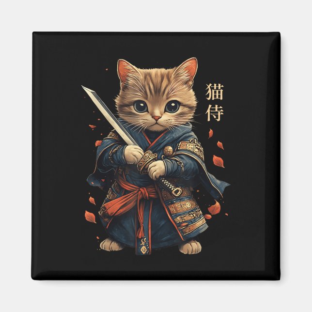 Íman Cat Warrior Japonês Samurai Cat Tattoo Kawaii Nin (Frente)