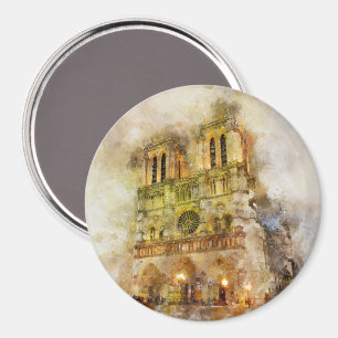 Íman Catedral de Notre Dame de Ilustração Watercolor Pa