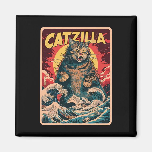 Íman Catzilla Japonês Art Funny Cat Vintage Graphic (Frente)