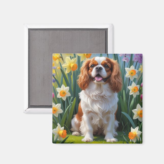 Íman Cavalier King Charles Spaniel Flores da Primavera (Front/Back)