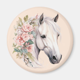 Íman Cavalo Branco Bonito Flores Cor-de-Rosa Elegante C