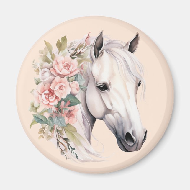 Íman Cavalo Branco Bonito Flores Cor-de-Rosa Elegante C (Frente)