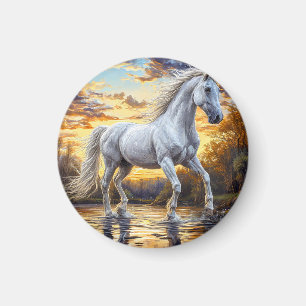 Íman Cavalo Branco Majestoso Galopando Através da Água