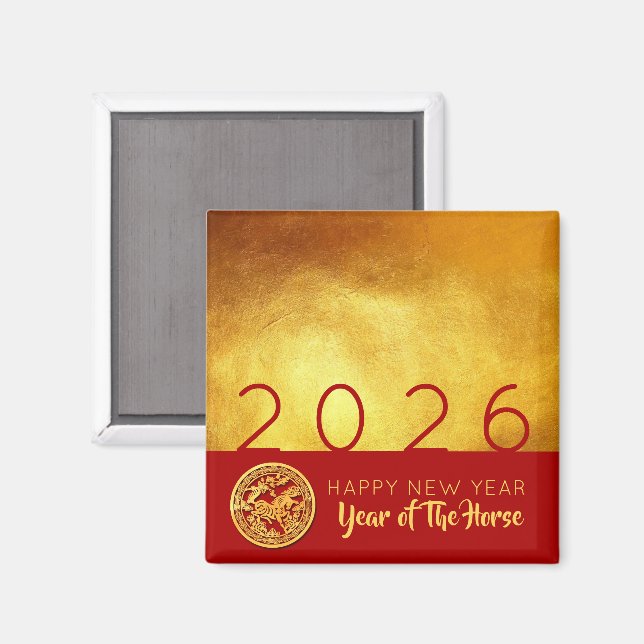 Íman Cavalo de Ano Novo Chinês 2026 Dourado Vermelho Sq (Front/Back)