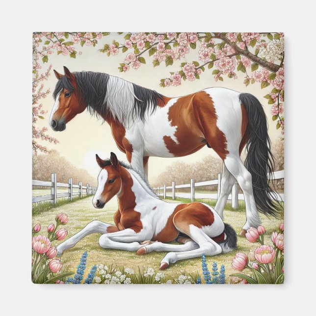Íman Cavalo e Potro Bonitos em um Pomar Florido (Frente)