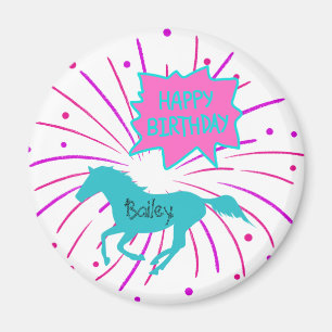 Íman Cavalo Feliz Aniversário Rosa Turquesa Roxo