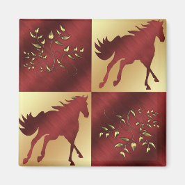 Íman Cavalo Maroon e Dourado com Folhas Douradas