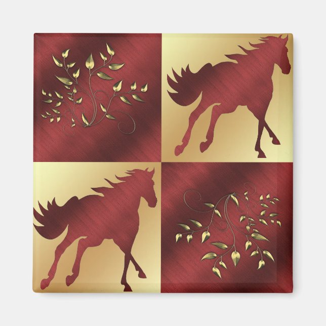Íman Cavalo Maroon e Dourado com Folhas Douradas (Frente)