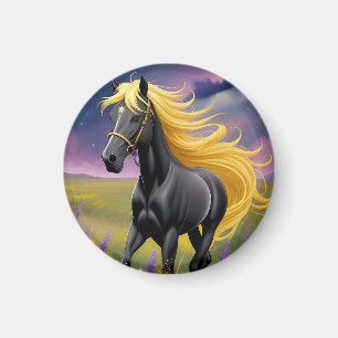 Íman Cavalo Preto Majestoso com Crina Dourada Fluindo