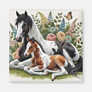 Íman Cavalos descansando entre flores e vegetação vibra