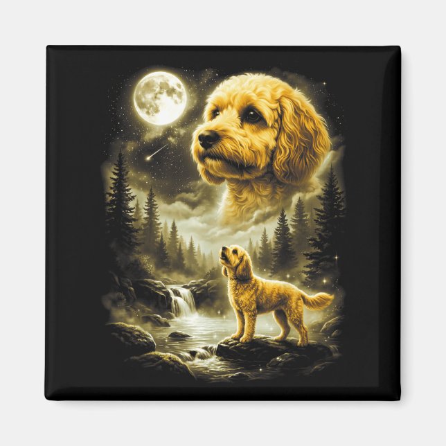 Íman Cavapoo Uivando à Lua Retro 90s Doodle Cachorro (Frente)